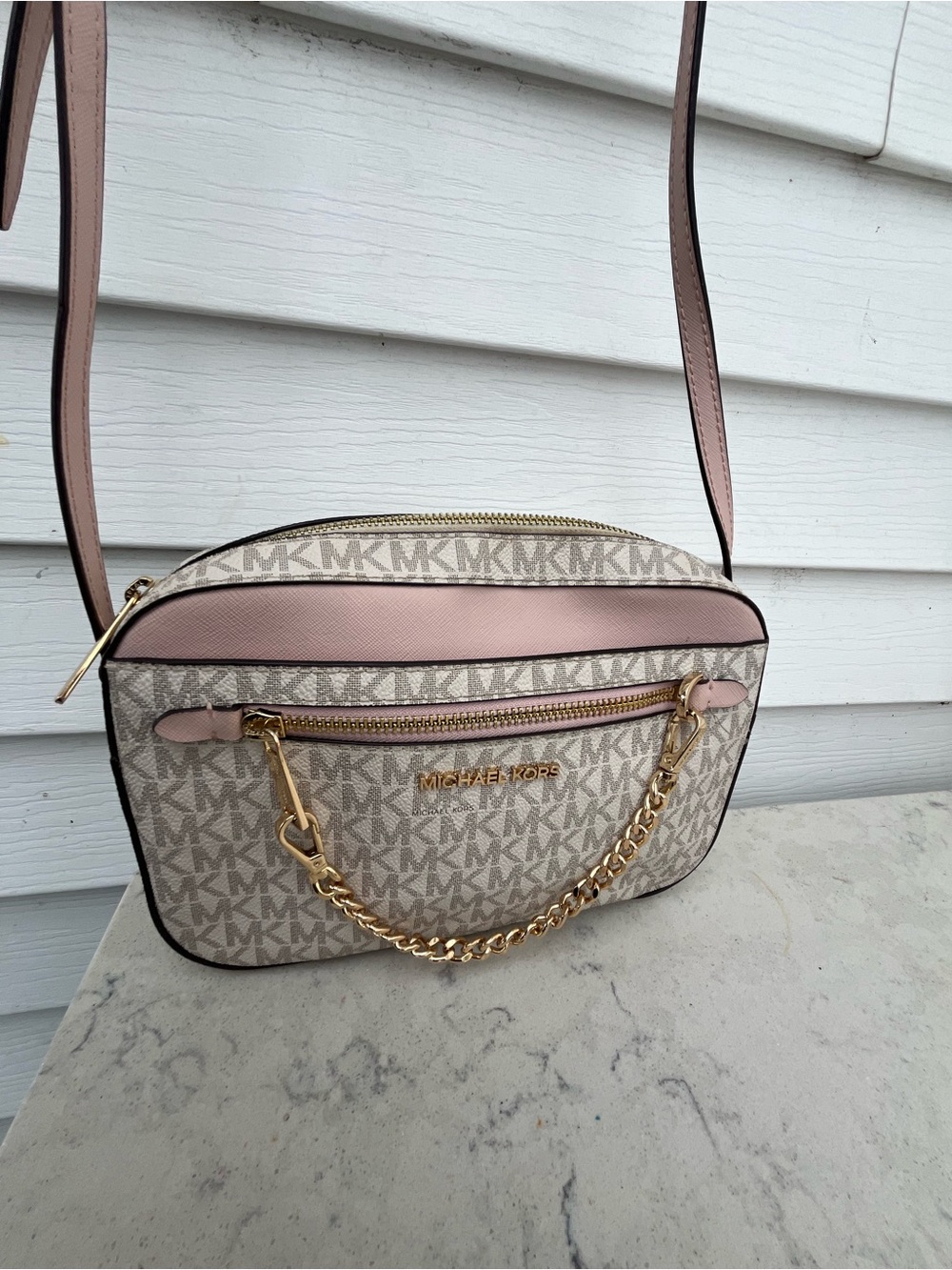 Michael Kors Beige Logo Crossbody with Blush Trim